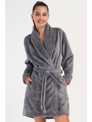 Vienetta Kadın Welsoft Kumaş Yumuşak Dokulu Şal Yaka Füme Renk Sabahlık C1T2N1304