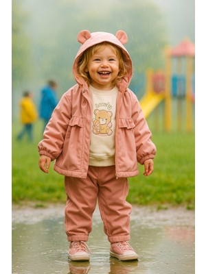 3 PARÇALI AYICIK KULAKLI YAĞMURLUK VE KADİFE PANTOLON KIZ ÇOCUK TAKIM