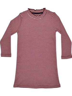 Organickid Cranberry Bordo Çizgili Kız Çocuk Balıkçı Yaka Elbise