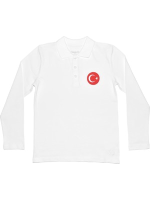 Organickid Polo Yaka Türkiye Beyaz Uzun Kollu Çocuk T-Shirt