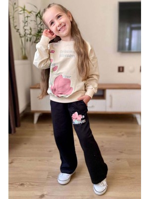 Riccotarz Kız Çocuk Digital Lale Baskılı Kazak Yazı Detaylı Alt Eşofman Takım