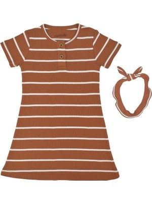 Organickid Mini Me Kız Çocuk Kahverengi Ekru Çizgili Elbise