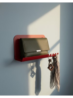 Vasa Concept Dekoratif Metal Raf ve Askılık 25X12X15 cm | Koyu Kırmızı Modern Anahtarlık ve Organizer | Minimal Düzenleyici | Ramm WD-001