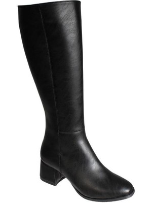 Yaz Kış Ayakkabı Yazkış Kadın Siyah Cilt 36CM Bilek Boyu 5cm Kalın Topuk Çizme