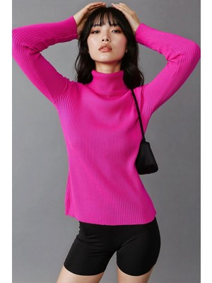 Hiccup Kadın My Fashıon Fitted Dokulu Balıkçı Yaka Kazak Macenta Pembesi