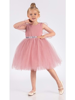 Mnk Baby & Kids Kanatlı Kız Çocuk Şifon Kol Abiye Pembe Özel Günler İçin Şık Tasarım MNK0534