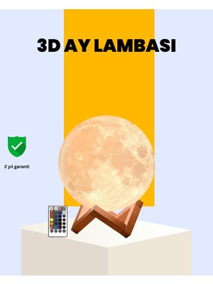 SHN Şarjlı 3D Baskılı 16 Renk Ay Lambası Ahşap Stand ve Uzaktan Kumanda