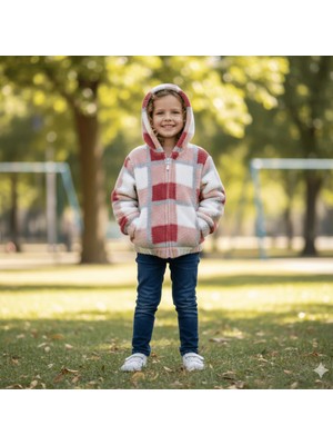 Fancy Kids Kız Çocuk Kapüşonlu Ekose Desenli Pelüş Hırka – Fermuarlı, Cepli, Yumuşak Doku