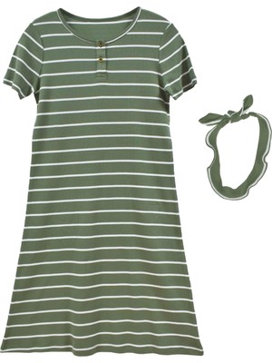Organickid Mini Me Yeşil Çizgili Kısa Kol Kadın Elbise