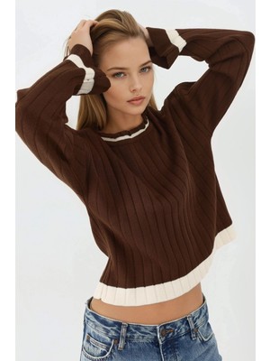 Hiccup Kadın My Fashıon Bisiklet Yakalı Çizgi Detaylı Triko Kazak Kahve Kahvesi