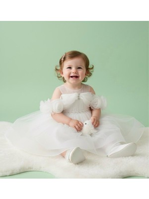 Minimony 3-7 Yaş Kız Çocuk Düşük Kol Taşlı İnci Tül Ekru Abiye Elbise  3501