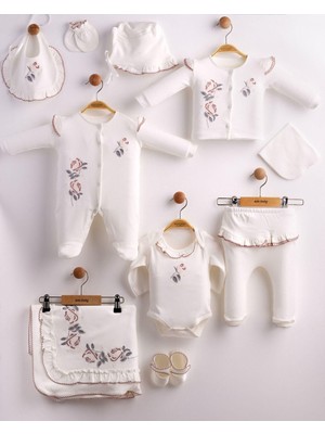 Eda Baby Fırfırella Nakış Işlemeli 10'lu Organik Hastane Çıkış Seti %100 Pamuk Yenidoğan Kız Bebek