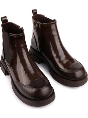 Emel Ayakkabı Hakiki Deri Düz Sade Rugan Bot Kahve 139128