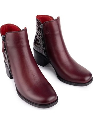 Emel Ayakkabı Hakiki Deri Topuklu Modern Bot Bordo 748