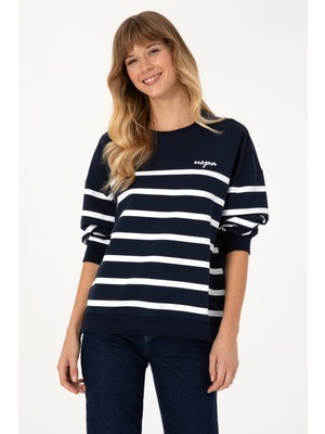 U.S. Polo Assn. Kadın Lacivert Çizgili Bisiklet Yaka Sweatshirt 50313572-VR033