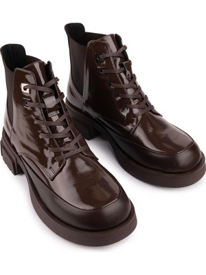 Emel Ayakkabı Hakiki Deri Bağcıklı Rugan Bot Kahve 139127