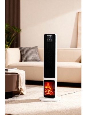 Hoogar German OLED White Series Şömineli Ekran Dijital Göstergeli Fanlı Kule Tipi Seramik Isıtıcı Uzaktan Kumandalı