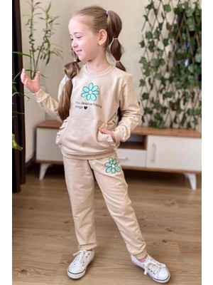 Riccotarz Kız Çocuk Göğsünde Papatya ve Kanguru Fırfır Cep Detaylı Sweat Bej Eşofman Takım
