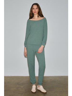 Ethiquet SELVIAN Kadın Esnek Kumaş Kayık Yaka Reglan Kol Beli Lastikli Kordonlu Dar Paça Haki Alt-Üst Takım