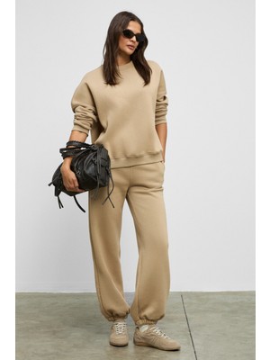 Ethiquet CARICA Kadın Organik Pamuklu İçi Polarlı Oversize Fit Bel Ve Paça Lastikli Kordonlu Bej Alt-Üst Takı