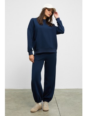 ETHIQUET CARICA Kadın Organik Pamuklu İçi Polarlı Oversize Fit Bel Ve Paça Lastikli Kordonlu Lacivert Alt-Üst