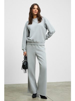 Ethiquet ANSELMA Kadın Organik Pamuklu Regular Beli Lastikli Kordonlu Çift Cepli Geniş Paça Gri Alt-Üst Takım