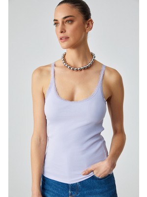 ETHIQUET BARRY Kadın Regular Fit Normal Kalıp Pamuklu Dantel Detalı İnce Askılı Oyuk Yaka Lila Atlet