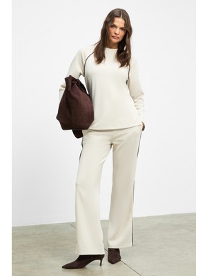 Ethiquet ELSBETH Kadın Bisiklet Yaka Yanı Yırtmaçlı Reglan Kol Oversize Beli Lastikli BoruPaça Bej Alt-Üst Ta