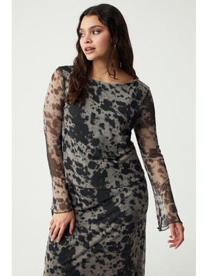 ETHIQUET Leonabb Kadın Tül Mesh Kumaşlı Önü Astarlı Arkası Transparan Cow Desenli Büyük Beden Bluz