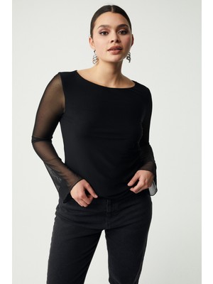 ETHIQUET Leonabb Kadın Tül Mesh Kumaşlı Önü Astarlı Arkası Transparan Vücuda Oturan Siyah Büyük Beden Bluz