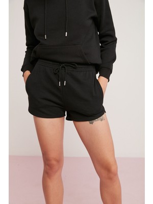 Ethiquet Tasha Kadın Pamuklu Üç Iplik Şardonlu Yumuşacık Kordonlu Kısa Lastikli Siyah Şort