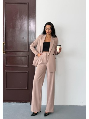 Afri Bej Kadın Polly Viscon Takım – 1. Sınıf Kumaş Blazer Ceket & Palazzo Pantolon Ikili Takım