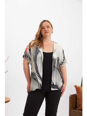 Rmg Kontrast Desenli Kuşaklı Büyük Beden Kimono Bluz Siyah