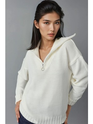 Hiccup Kadın My Fashıon Fermuarlı Yaka Oversize Triko Kazak Beyaz