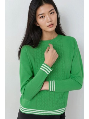 Hiccup Kadın My Fashıon Saç Örgü Desenli Bisiklet Yaka Kazak Yeşil