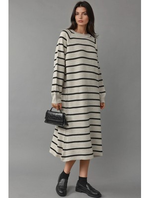 Hiccup Kadın My Fashıon Uzun Kollu Çizgili Triko Elbise Taş Doğal