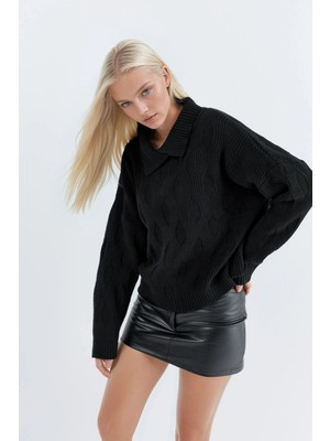 Hiccup Kadın My Fashıon Desenli Yaka Detaylı Triko Kazak Siyah