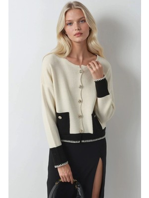 Hiccup Kadın My Fashıon Düğmeli Cep Detaylı Triko Hırka Krem Doğal