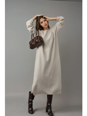 Hiccup Kadın My Fashıon Yırtmaç Detaylı Uzun Triko Elbise Taş Doğal