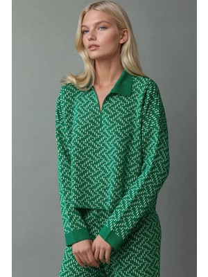 Hiccup Kadın My Fashıon Desenli Triko Polo Yaka Kazak Yeşil