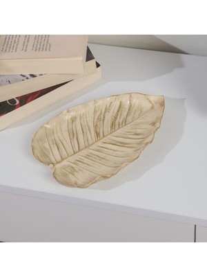 Evidea Deco Leaf Dekoratif Tabak - Beyaz / Gold - 24X16 cm