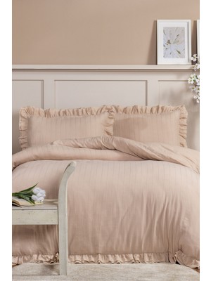 Elart Lotus Nevresim Takımı Tek Kişilik %100 Pamuk Ranforce Fırfırlı Lastikli Çarşaf (160XX220 Cm) Taş Rengi