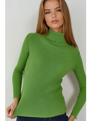 Hiccup Kadın My Fashıon Fitted Dokulu Balıkçı Yaka Kazak Orman Yeşili