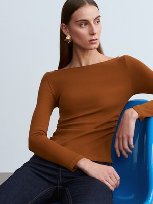 Dilvin 31401 Büzgülü Kayık Yaka Top-K.kiremit