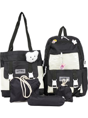 Babytex Çanta Seti 5li Siyah Çanta Seti Omuz Çantası Sırt Çantası Okul Çantası Anne Bebek Çantası