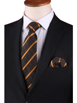 Kravatkolik Siyah Çizgi Desen Mendilli Klasik Kravat KK12667