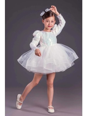 Mnk Baby & Kids Kız Çocuk Uzun Kol Tütü Gren Etekli Elbise Düğün İçin Abiye Pul Payetli MNK0583