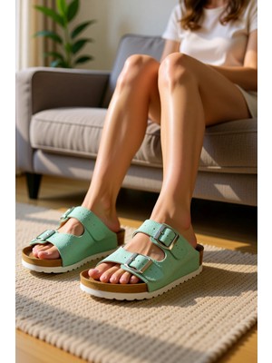 Benerly Kadın Nubuk Çift Tokalı Kürklü Terlik Düz Taban Fonksiyonel Dayanıklı Kaliteli Konforlu Şık