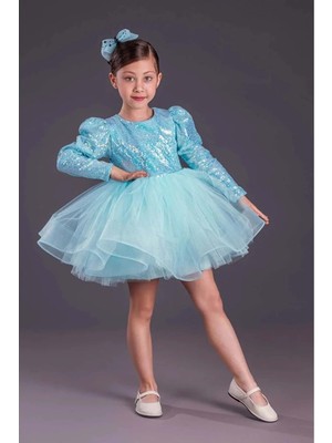 Mnk Baby & Kids Kız Çocuk Tütü Elbise Uzun Kol Pul Payetli Düğün Abiye MNK0583