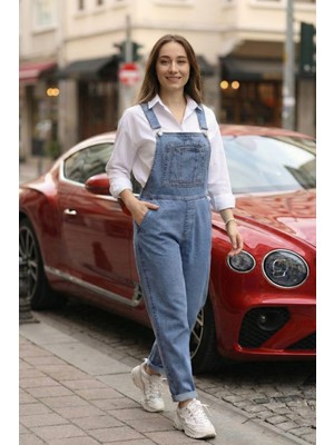 Kadın Askılı Cep Detaylı Kot Mavi Tulum